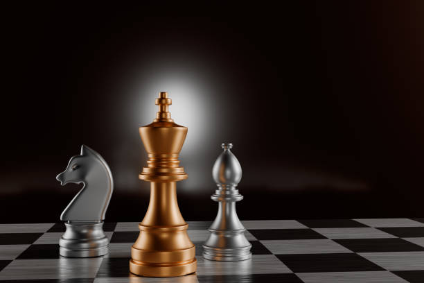 istock Chess pieces on a board with a dark background, featuring a king, bishop, and knight.3d rendering. 2154430923