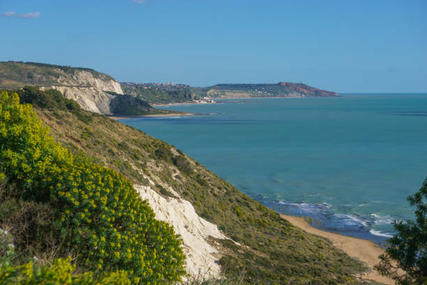 View of coastline at nature reserve of Torre Salsa with beautiful white cliffs on a sunny day, Sicily, Italy stock photo