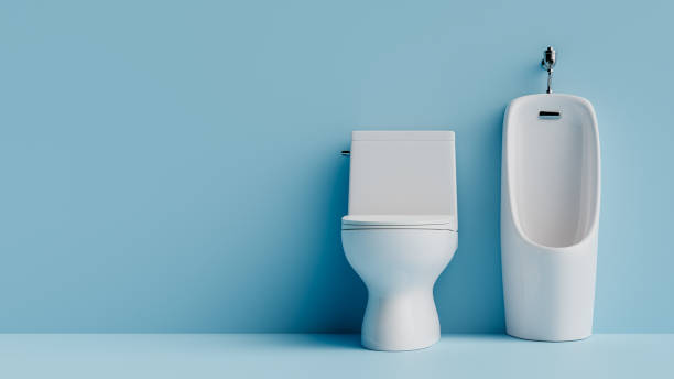 istock Copy space background with urinal and toilet in bathroom. 3d rendering 2154436322
