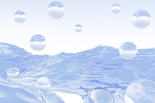 Surface of a fantasy alien planet concept. 3d Abstract outer space galactic planet landscape with floating spheres with light refraction.