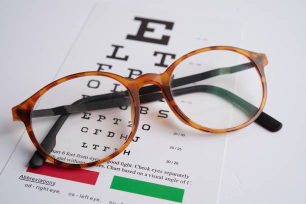 istock Glasses on eye exam chart to test eyesight accuracy of reading. 2154444514