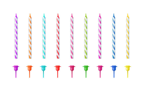 istock 3d realistic colorful candles for birthday cake. Holiday candles with burning flames candlelight on wicks, celebration objects. Vector 2154445322