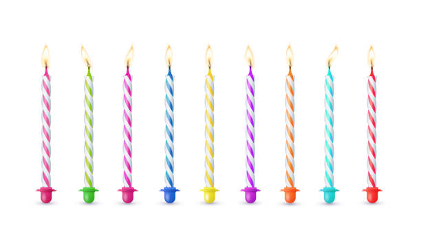 istock 3d realistic colorful candles for birthday cake. Holiday candles with burning flames candlelight on wicks, celebration objects. Vector 2154445337