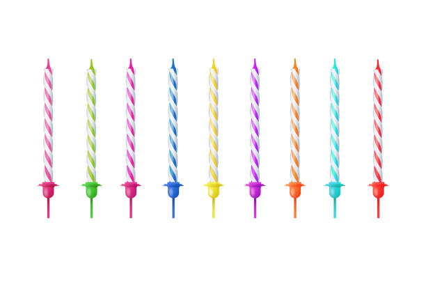 istock 3d realistic colorful candles for birthday cake. Holiday candles with burning flames candlelight on wicks, celebration objects. Vector 2154445374