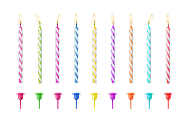 istock 3d realistic colorful candles for birthday cake. Holiday candles with burning flames candlelight on wicks, celebration objects. Vector 2154445478