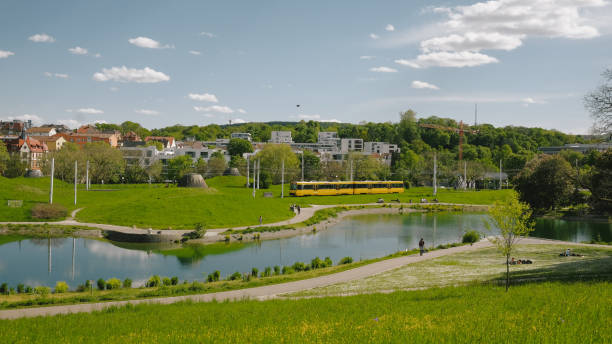 Urban park with pond and homes
