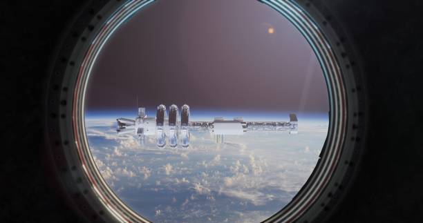 The window of the spacecraft reveals a futuristic space station featuring intricate designs and structures, floating above Earth with the planet’s surface in clear view