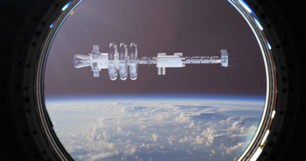 istock Through the rocket's porthole, the space station can be seen 2154454750