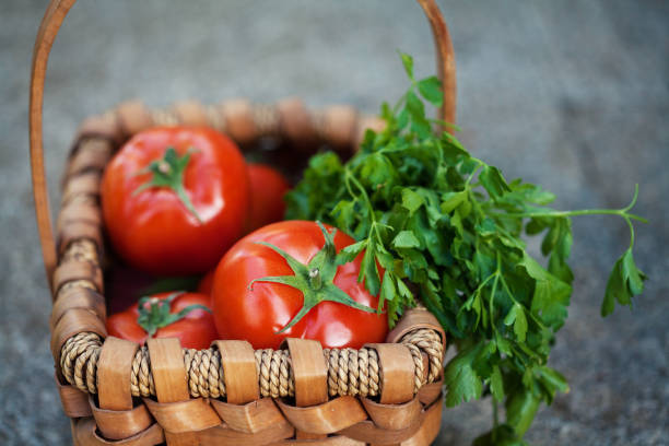Close-up capture of a basket with freshly harvested vegetables