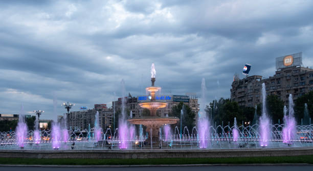 The main fountain and spouts forming part of the Urban fountains in Piaa Unirii (Unification Square) in central Bucharest, Bulgaria.