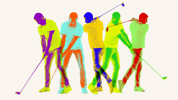 Multiple movements. Man playing golf against light background. Contemporary art collage. Multiple movements. Man playing golf against light background. Contemporary art collage. Concept of sport, hobby, leisure activity. Colorful creative design. Risoprint style golfer swinging club stock pictures, royalty-free photos & images