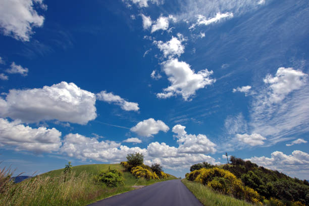 flowering gorse on a Montefeltro hill against the scenic sky with clouds