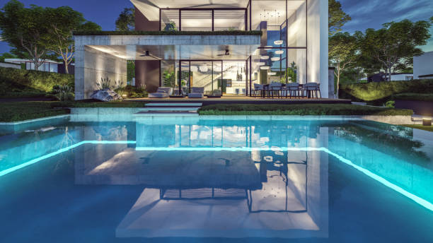 3d render luxury house and pool at sunset