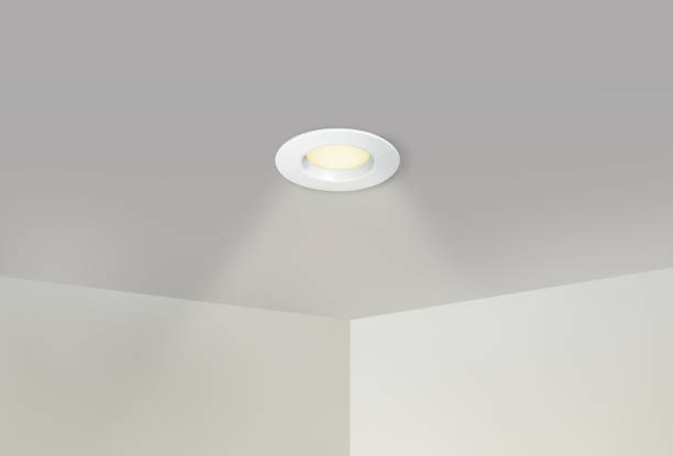 Spotlights recessed ceiling LED light fixture in an interior room with round glowing downlight