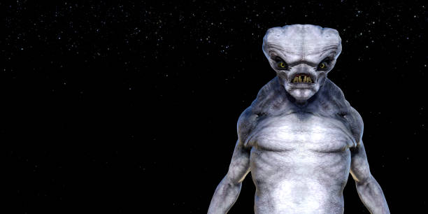 3d illustration of an extraterrestrial monster with long teeth and a wide head looking forward against a space background.