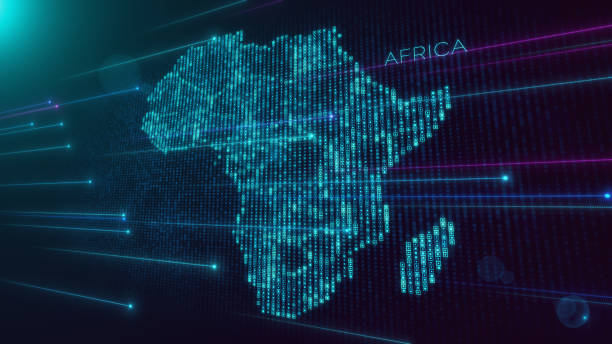 istock Futuristic Blue Violet Shiny Perspective Square Hud Particles Mosaic Grid And Text Of Africa Region Map With Dotted Lines Light Flare 2154482955