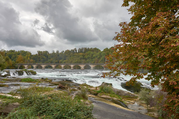 the Rhine Falls (Rheinfall) waterfall located in Neuhausen near Schaffhausen in northern Switzerland with a bridge in the background