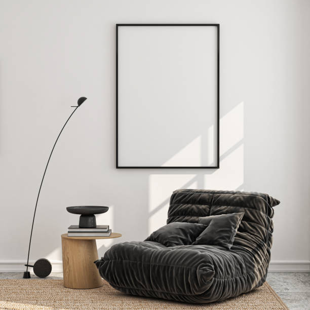 Frame mockup, ISO A paper size. Living room wall poster mockup. Interior mockup with house background. Modern interior design. 3D render