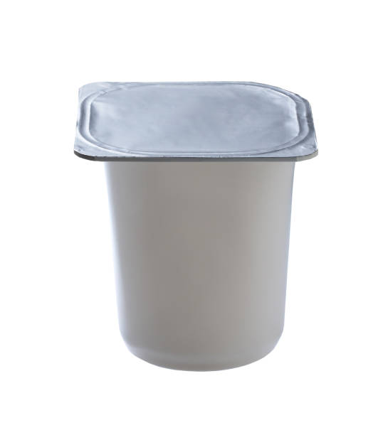 istock Plastic container for dairy foods with foil lid isolated on a white background. 2154490775