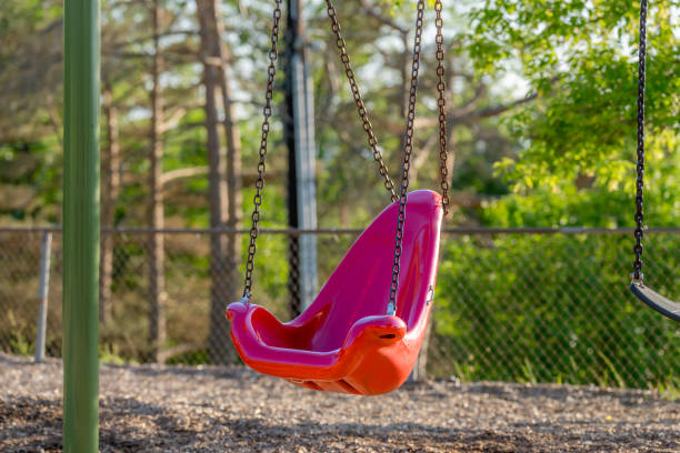 istock Accessible swing, chair, in a typical elementary school, municipal park, playground with engineered wood fiber safety fall surface. 2154493515