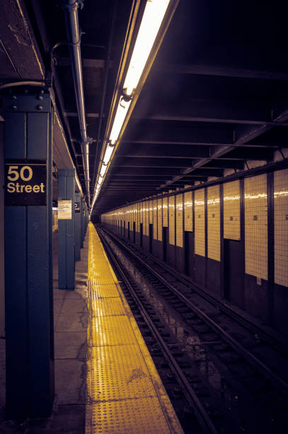 istock Empty tracks lead deep underground New York Metro 2154504108