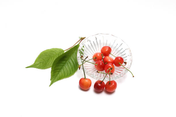 Cherries in a glass bowl isolated on a white background with leaves.