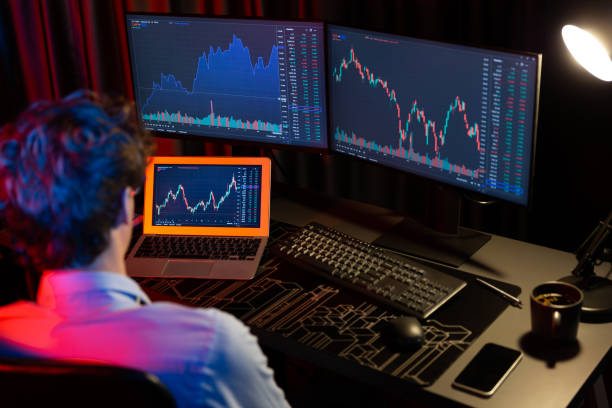 istock Investor stock trader searching on laptop compare dynamic exchange rate. Gusher. 2154510150