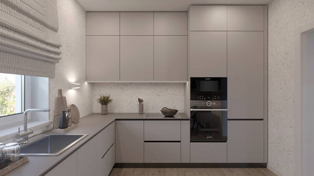 istock Beige kitchen furniture cabinets modern 3d render 2154516255