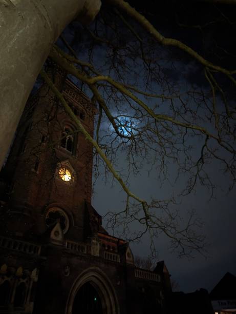 Dark, mystical,full moon, church clock, night sky, spooky.
