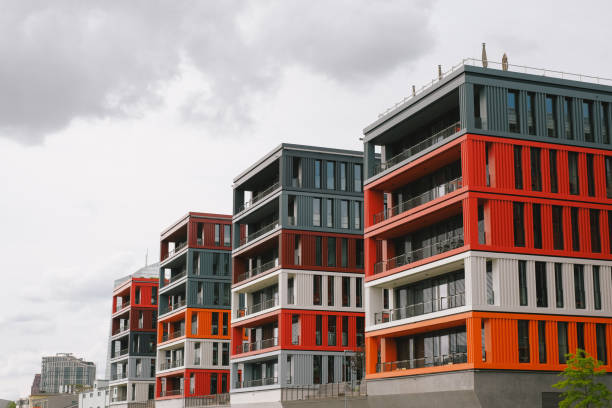 Street view of cube style apartment blocks, Frankfurt