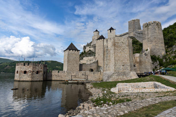 Golubac, Serbia - May 8, 2024 - Medieval Golubac Fortress on the south side of the Danube River. It is a popular tourist attraction and a sightseeing point on Danube boat tours.