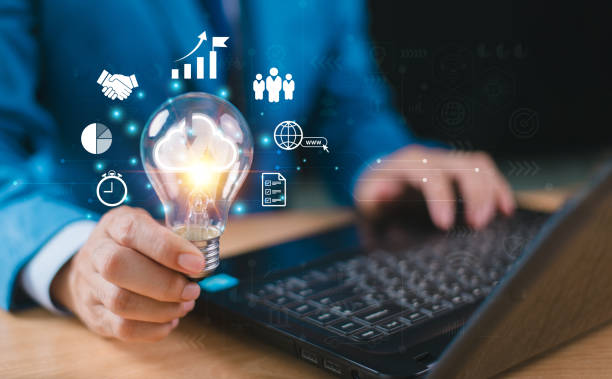 istock Business technology solution, Cloud digital network concept. Investor man hold light bulb infographic diagram of cloud computing information technology icon. Big data connection, communication storage 2154530795