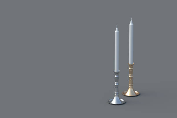 Two silver and golden candlesticks on gray background. Vintage candle holder. Copy space. 3d render
