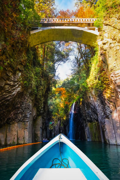 Takachiho Gorge is a narrow chasm cut through the rock by the Gokase River, plenty activities for tourists such as rowing and trekking through beautiful nature