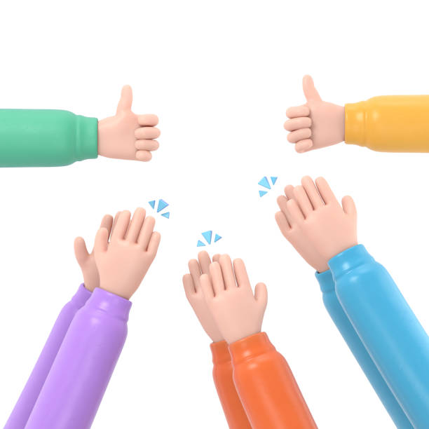 istock Set of people hands clapping, giving likes. Applause, ovation, celebrating, rapture. Flat doodle illustration in cute cartoon style.3D rendering on white background. 2154541409