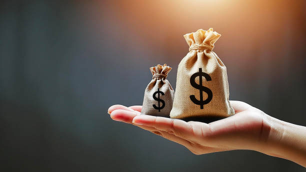 istock Hand holding mini money bags with copy space 2154541484
