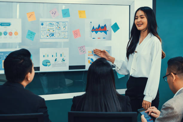 istock A female leader presenting statistics in front of whiteboard. Intellectual. 2154543243