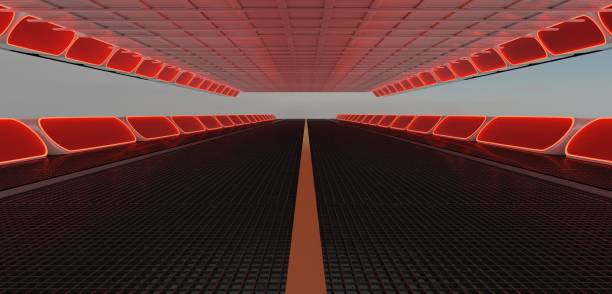 istock Long line spaceship landing pad long stage podium technology background 3D illustration 2154544341