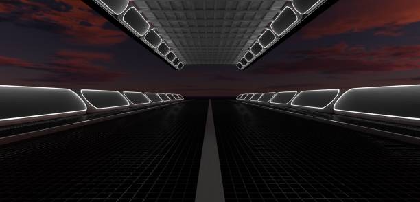 istock Long line spaceship landing pad long stage podium technology background 3D illustration 2154544344