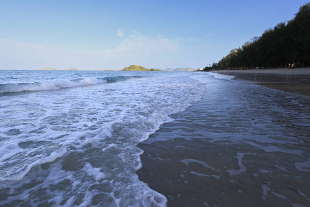 istock Tropical paradise beach with white sand and blue sky. beautiful sandy beach and soft blue ocean waves.Empty tropical beachfront and seascape copy space. 2154544710