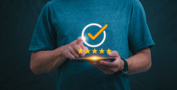 istock Customer services best excellent business rating experience. Satisfaction survey concept. user gives ratings to service experience on the online application, online marketing, and business processes. 2154545776