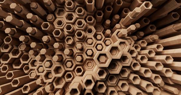 Wooden hexagons of assorted heights compose the background