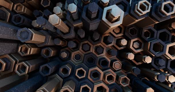Metal hexagons, diverse in their heights, enhance the backdrop with a rich and captivating geometric composition