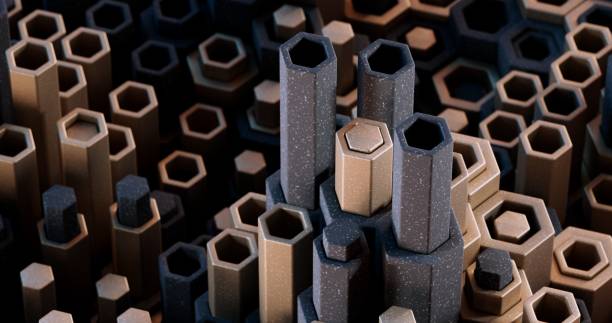 A detailed geometric pattern emerges from the backdrop, thanks to the varied heights of the metal hexagons adorning it