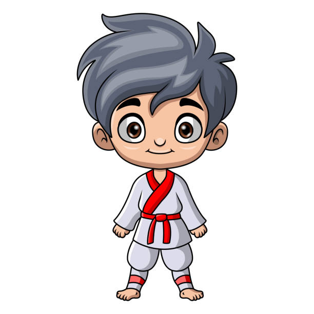 Cute little boy training karate Vector illustration of Cute little boy training karate japanese boy uniform cartoon stock illustrations
