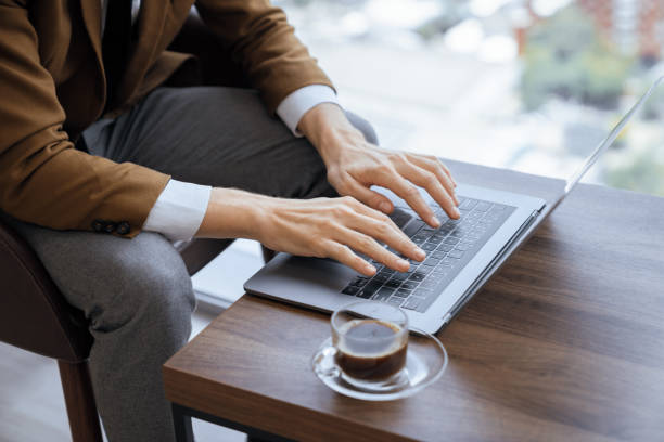 istock Top view of smart businessman hand working, typing by using laptop. Ornamented. 2154551554
