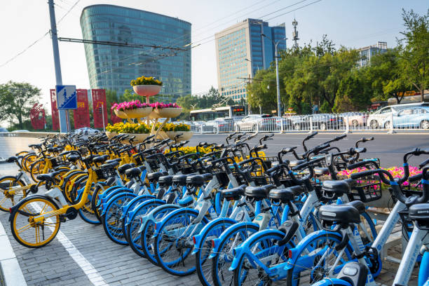 Rows of yellow and blue shared bicycles parked on a sidewalk in Beijing, China. Photo taken on October 10, 2023.