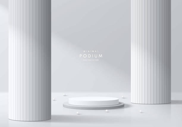 istock Realistic white 3D cylindrical podium background with huge pillars, beads ball wall scene. Minimal mockup or abstract product display presentation, Stage showcase. Platforms vector geometric design. 2154560347