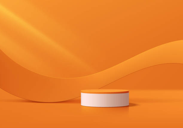 istock Realistic orange 3D cylindrical podium background with wavy curve shape fabric wall scene. Minimal mockup or abstract product display presentation, Stage showcase. Platforms vector geometric design. 2154560741