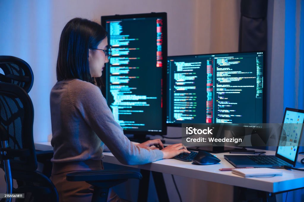 Asian Woman Software Development Working On Coding Computer Screen And ...